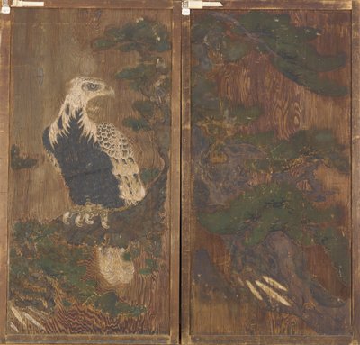 Paar deuren met adelaar op een dennenboom aan één kant..., Momoyama-periode, 17e eeuw door Unbekannt