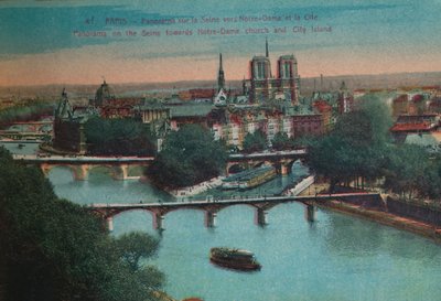 Panorama van de rivier de Seine met de Notre-Dame kathedraal en het Île de la Cité, Parijs, ca. 1920 door Unbekannt