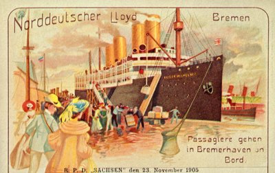 Passagiers gaan aan boord van de gigantische SS Kaiser Wilhelm II in Bremerhaven, 1905 door Unbekannt