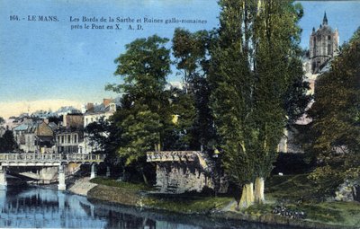 Pays de la Loire, Sarthe (72), Le Mans: de oevers van de Sarthe en de Romeinse Gallo-ruïnes nabij de 