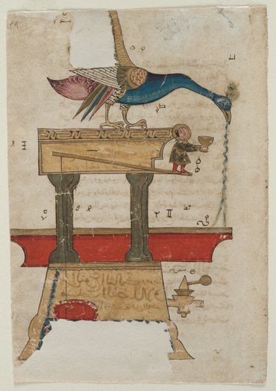 Handwasapparaat in de vorm van een pauw recto, Tekstpagina, Arabisch proza verso, 1315 door Unbekannt