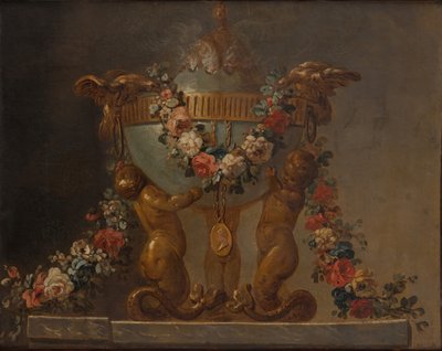 Parfumbrander ondersteund door babytritons en versierd met bloemen, 18e eeuw door Unbekannt