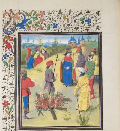 Peter Bartholomeus ondergaat de vuurproef. Miniatuur uit de Historia door Willem van Tyrus, 1460s door Unbekannt