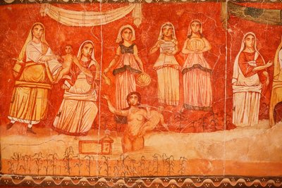 Farao en de kindertijd van Mozes, fresco afkomstig uit de Synagoge van Doura (Dura) Europos, 244-245, en bewaard in het Nationaal Museum van Damascus. Foto genomen in het Joods Museum van New York tijdens een tentoonstelling. door Unbekannt