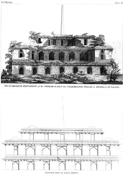Pittoreske Verhoging van de Shikar Gah en de Beroemde Zuil in Delhi, juni 1797 1799 door Unbekannt