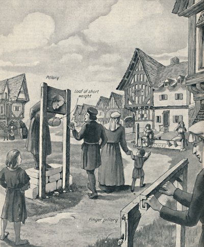Schandpaal en blokken van de middeleeuwen, c1934 door Unbekannt
