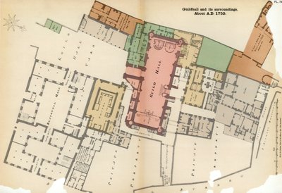 Plan van Guildhall en omgeving, City of London, ca. 1750 1886 door Unbekannt