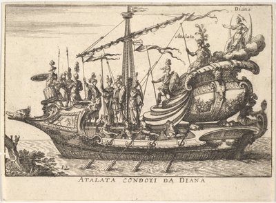 Plaat 12: Atalanta geleid door Diana, vergezeld door krijgers, 1664 door Unbekannt