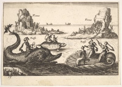 Plaat 15: Rivieren en godinnen, met drijvende eilanden geleid door paaldragers, vrouwelijke figuren... door Unbekannt