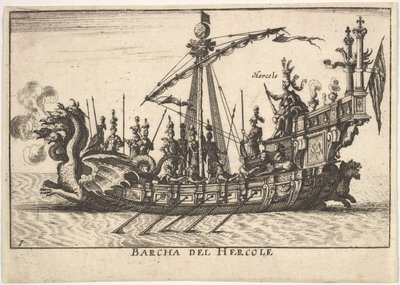 Blad 1: Schip van Hercules, met drakenkop boeg en Hercules aan boord, 1664 door Unbekannt
