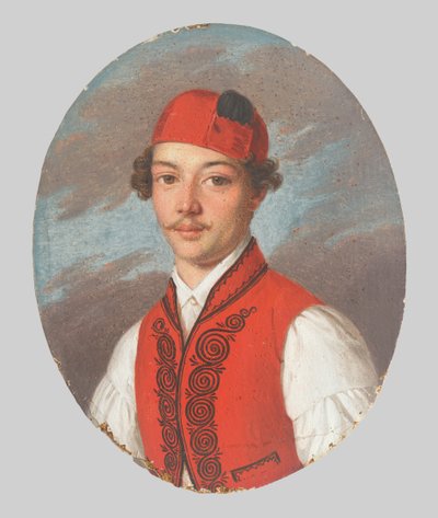 Portret van een jonge man in een rood vest en Dalmatische muts door Unbekannt