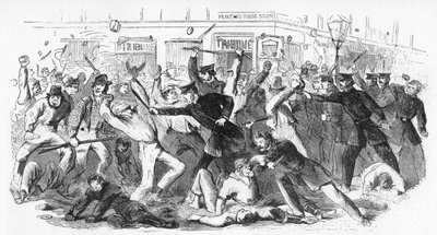 Politie chargeert relschoppers bij het Tribune-kantoor, ca. 1860s door Unbekannt
