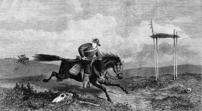 Pony Express-rijder die vijandig gebied doorkruist, achtervolgd door indianen, 1861 door Unbekannt