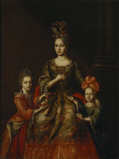 Portret van Anastasiya Yakovlevna Naryshkina met kinderen Alexandra Kirillovna en Tatyana Kirillovna, begin 18e eeuw door Unbekannt