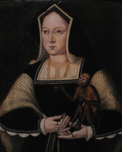 Portret van Catherine van Aragon, met haar aapje, kopie naar Lucas Horenbout, ca. 1530 door Unbekannt