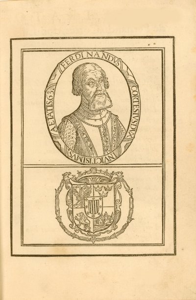 Portret van Hernán Cortés 1485-1547 met zijn wapen, 1588 door Unbekannt