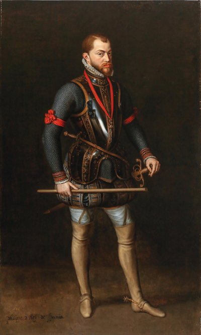 Portret van Filips II 1527-1598, Koning van Spanje, in harnas en met de Orde van het Gulden Vlies door Unbekannt