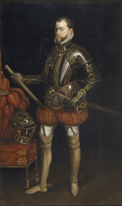 Portret van Filips II 1527-1598 in harnas van de slag bij Saint Quentin, begin 17e eeuw door Unbekannt
