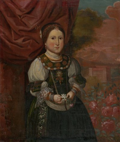 Portret van een meisje in een landschap door Unbekannt