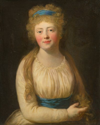 Portret van een vrouw in bleke kleding met een blauw lint in haar haar door Unbekannt