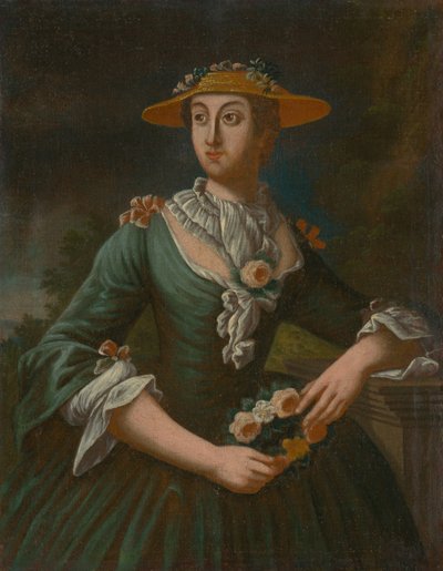 Portret van een vrouw met een hoed met bloemen door Unbekannt