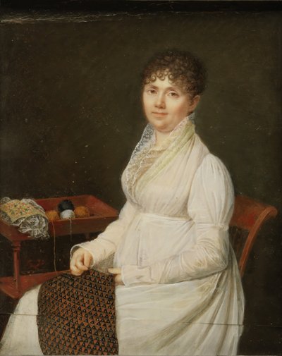 Portret van een vrouw met wandtapijtwerk door Unbekannt
