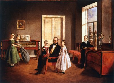 Portret van een familie in een interieur, Russisch, ca. 1840 door Unbekannt