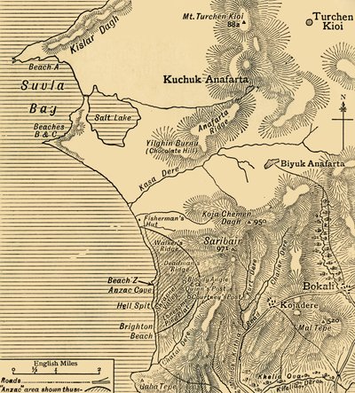 Posities van ANZAC-troepen op het Gallipoli-schiereiland in Turkije, Eerste Wereldoorlog, juli 1915, ca. 1920 door Unbekannt