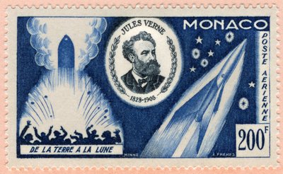 Postzegel uitgegeven in Monaco op 07/06/1955 ter viering van de vijftigste verjaardag van de dood van schrijver Jules Verne (prent) door Unbekannt