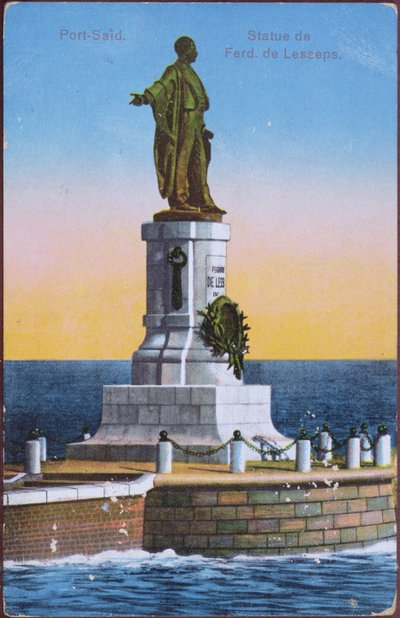 Ansichtkaart met het standbeeld van Ferdinand de Lesseps in de haven van Port Said, begin twintigste eeuw door Unbekannt