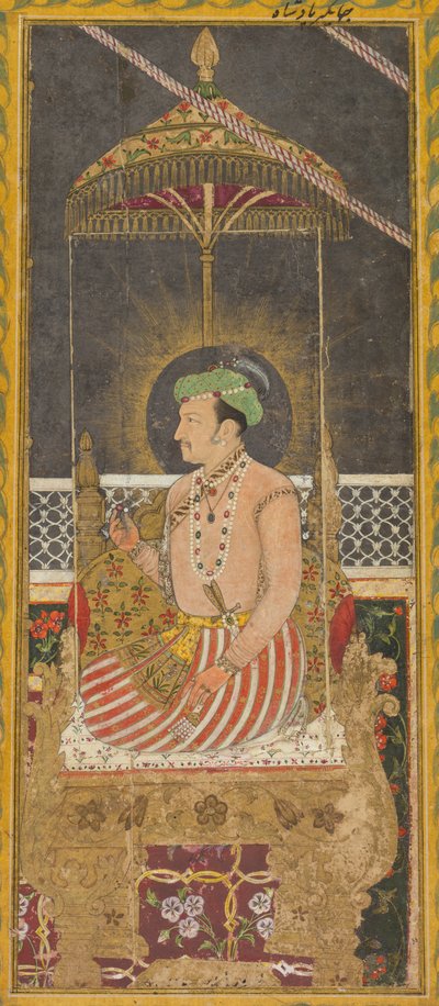 Postuum portret van keizer Jahangir onder een baldakijn recto, kalligrafie verso, ca. 1650 door Unbekannt
