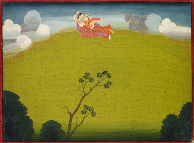 Pradyumna en Mayavati vliegen naar Dvaraka, uit de Grote Basohli Bhagavata Purana, ca. 1760-1765 door Unbekannt