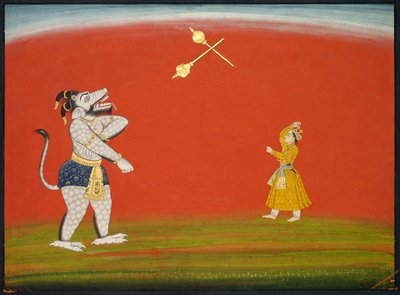 Pradyumna en Samvara vechten met knuppels: Blad uit de Grote Basohli Bhagavata Purana, ca. 1760-1765 door Unbekannt