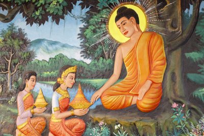 Preah Prom Rath Klooster, Leven van de Boeddha, De Verzaking, Op een ochtend bood een meisje genaamd Sujata Siddhartha heerlijke melk-rijstpap aan, Siem Reap, Cambodja door Unbekannt