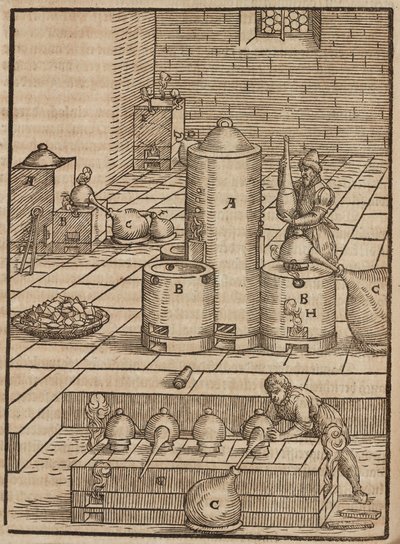 Voorbereiding van vloeistoffen gebruikt voor het extraheren van zilvererts uit gouderts - Gravure uit Beschrijving van mineralen en de belangrijkste mijnbouwmethoden, van Lazarus Ecker door Unbekannt