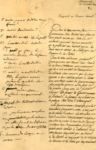 Voorbereidende aantekeningen voor het Concordaat, 22 november 1800 door Unbekannt