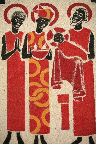 Presentatie van Jezus in de tempel. De fresco in de Keur Moussa abdijkerk werd ontworpen en geschilderd in 1963 door Dom Georges Saget, Keur Moussa, Senegal door Unbekannt