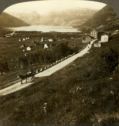Mooi bergommuurd dorp en meer van Roldal, in ruig West-Noorwegen, ca. 1905 door Unbekannt