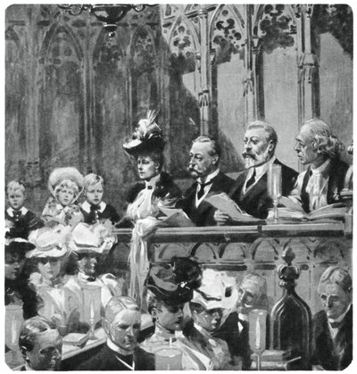 Prins Albert bij de dankdienst in de abdij voor de veilige terugkeer van zijn ouders uit India, 1906 1937 door Unbekannt