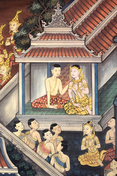 Prins Rama en Sita. Muurschildering detail op de binnenmuren van de Vihara uit het tijdperk van koning Rama III die de Ramakian uitbeeldt. Wat Pho - Wat Phra Chettuphon. 1788, Bangkok, Thailand door Unbekannt