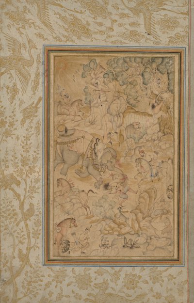 Prinsen jagen in een rotsachtig landschap, ca. 1580-85, randen toegevoegd ca. 1700s door Unbekannt
