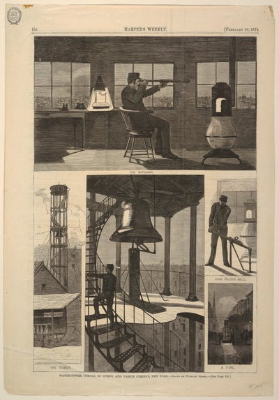 Print, Wachttoren, hoek van Spring en Varick Streets, New York, 28 februari 1874 door Unbekannt