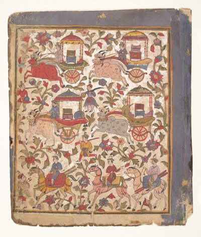 Processie van Koetsen die Buit Vervoeren...uit een Verspreid Bhagavata Purana Manuscript, c1640-50 door Unbekannt