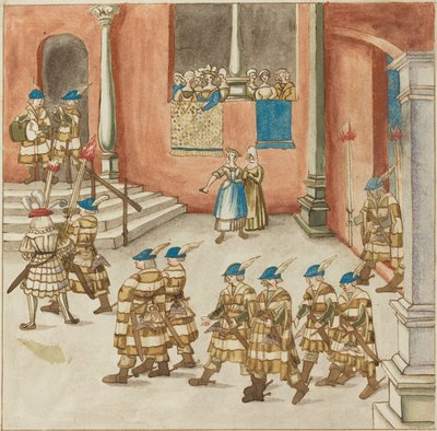 Processie van ridders bekeken door dames op een balkon, ca. 1515 door Unbekannt