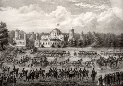 Processie van tsaar Nicolaas I naar de Dormitie Kathedraal vanuit het Petrovsky Paleis tijdens zijn kroning in 1825, 1826 door Unbekannt