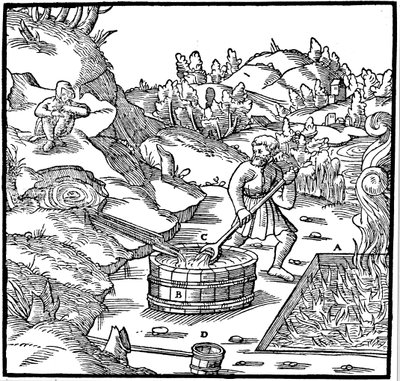 Zout produceren door natuurlijke pekel te verdampen door het in een kuil met brandende houtskool te gieten, 1556 door Unbekannt