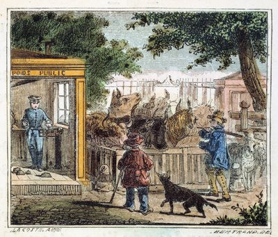 Openbare weegbrug gebruikt om vee te wegen op een markt, 1867 door Unbekannt