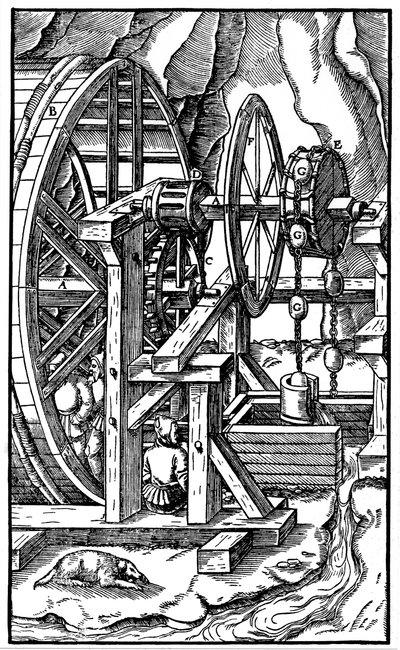 Pomp aangedreven door mannen in een tredmolen, 1556 door Unbekannt