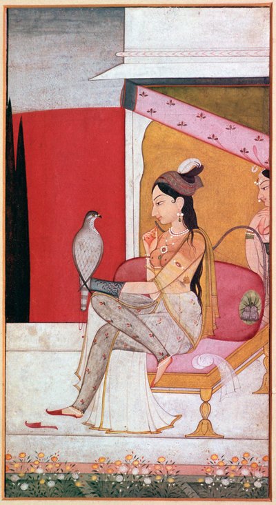 Punjabi illustratie van een dame met een havik door Unbekannt