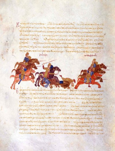 Achtervolging van Sviatoslavs krijgers door het Byzantijnse leger Miniatuur uit de Madrid Skylitzes, 11e eeuw door Unbekannt